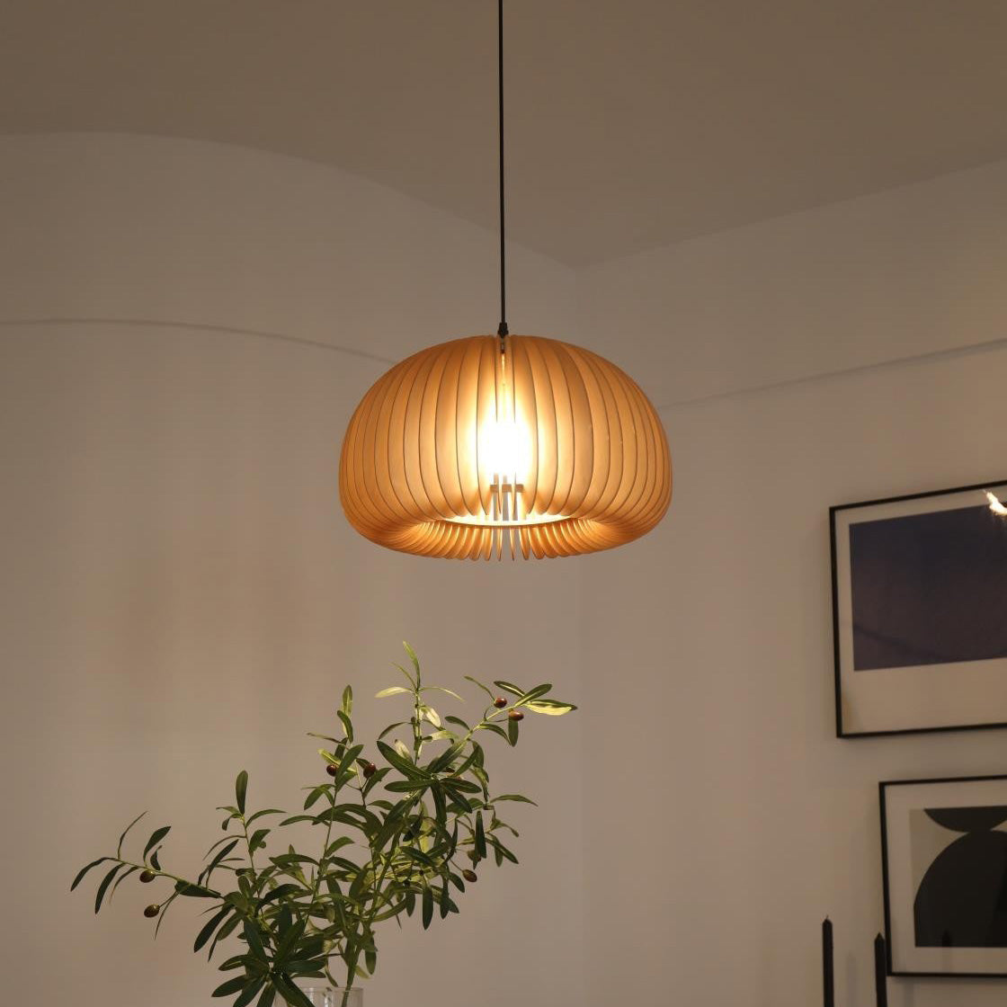 Mid-Century Modern Slatted-Spherical Pendant Light