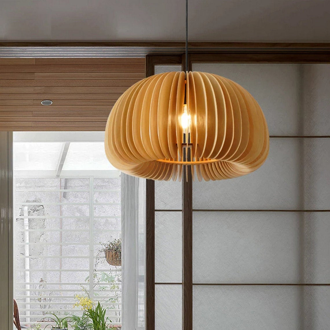 Mid-Century Modern Slatted-Spherical Pendant Light