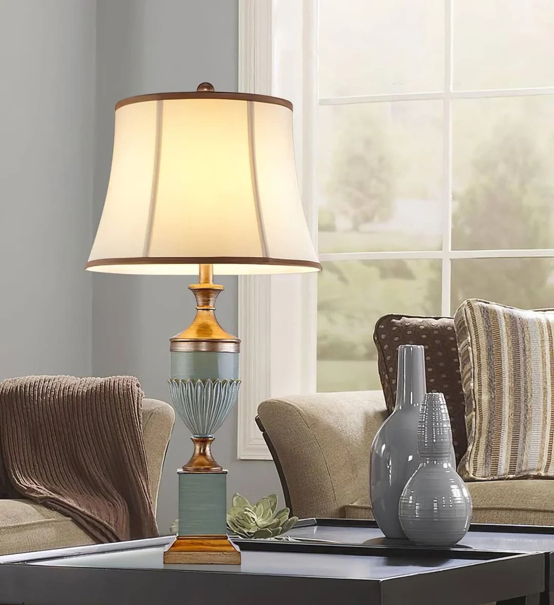 Traditional Ribbed Table Lamp with Conical Shade