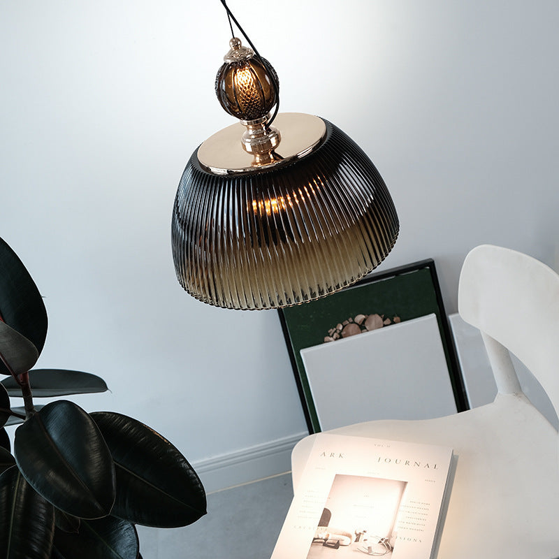 Vintage Ribbed Bowl Pendant Lamp with Spherical-Top