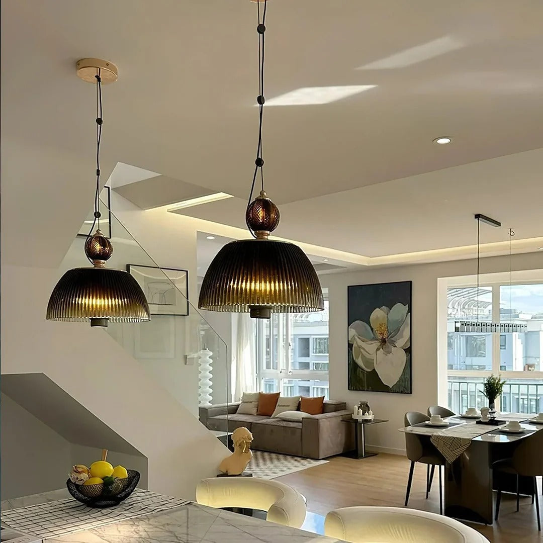 Vintage Ribbed Bowl Pendant Lamp with Spherical-Top