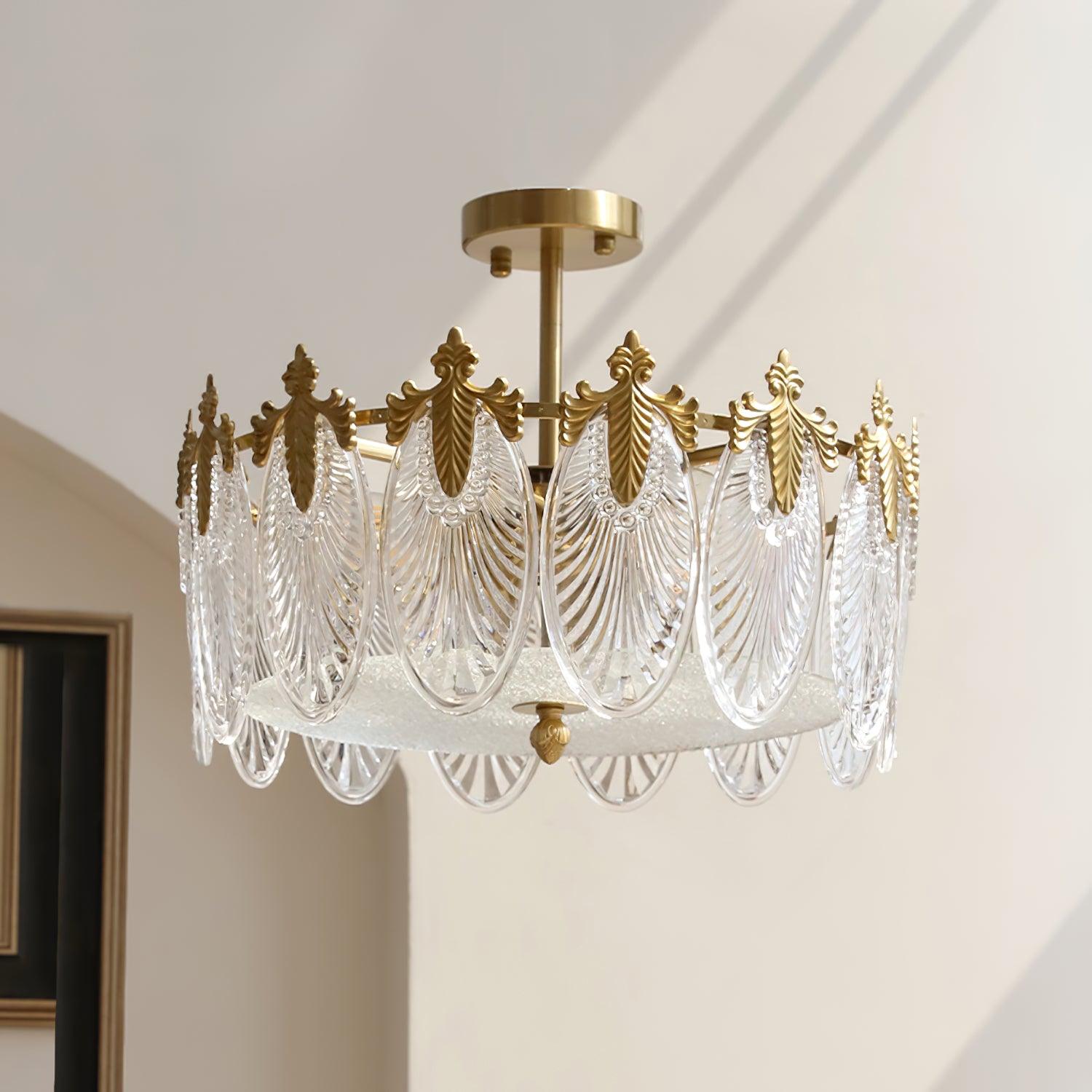 Copper Art Deco Chandelier & Textured Glass Petals