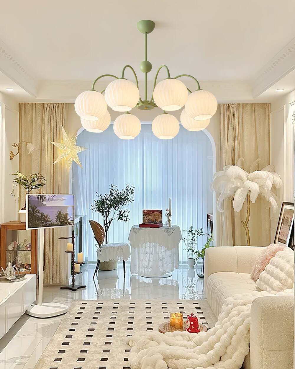 Mid-Century Modern Chandelier & Ribbed Glass Shades