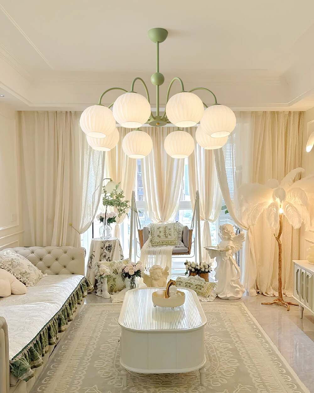 Mid-Century Modern Chandelier & Ribbed Glass Shades
