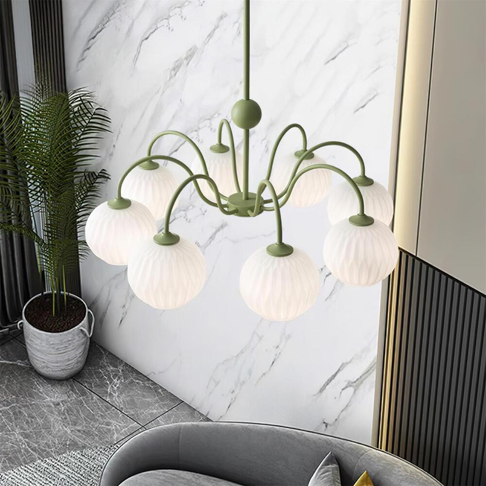 Mid-Century Modern Chandelier & Ribbed Glass Shades