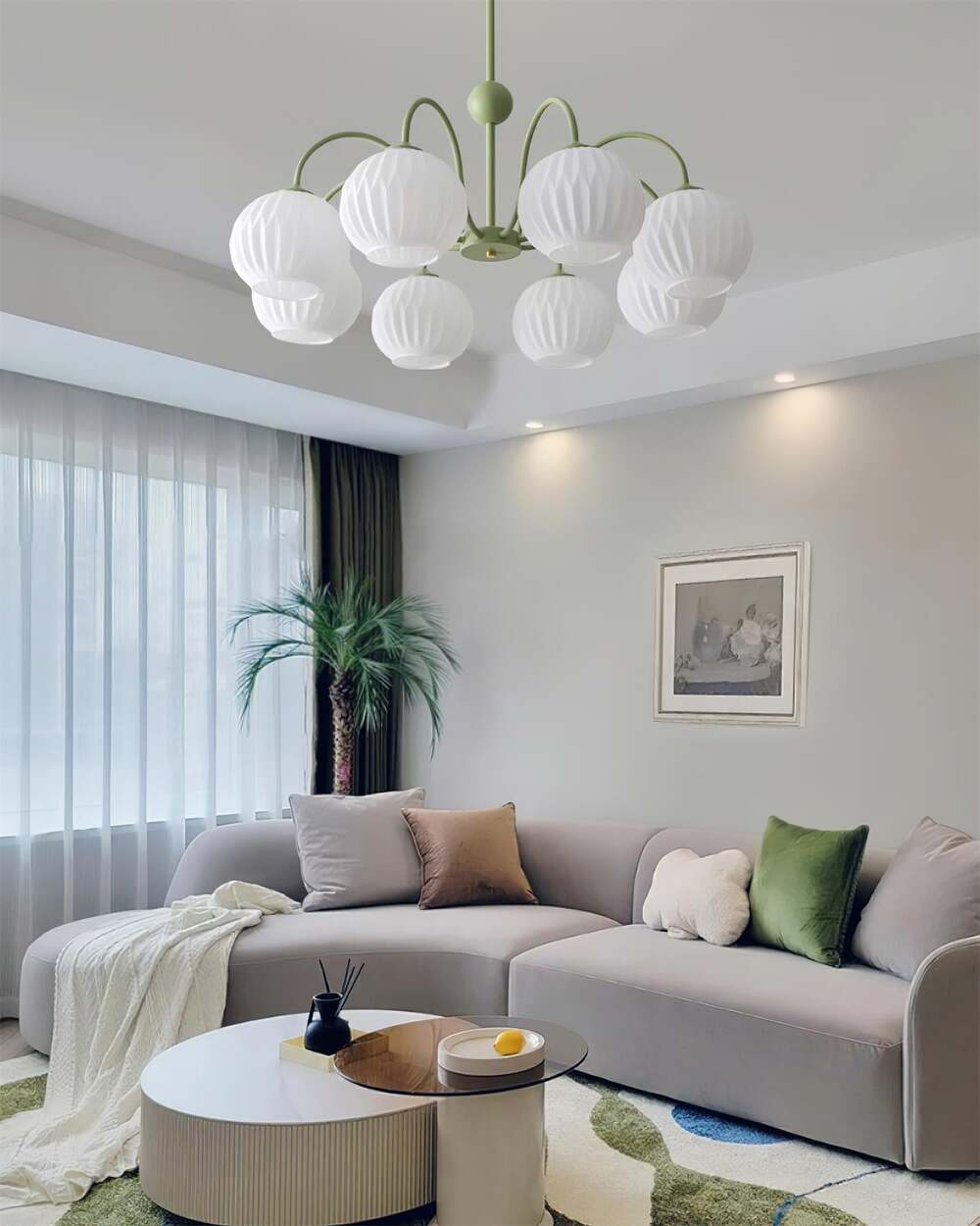 Mid-Century Modern Chandelier & Ribbed Glass Shades