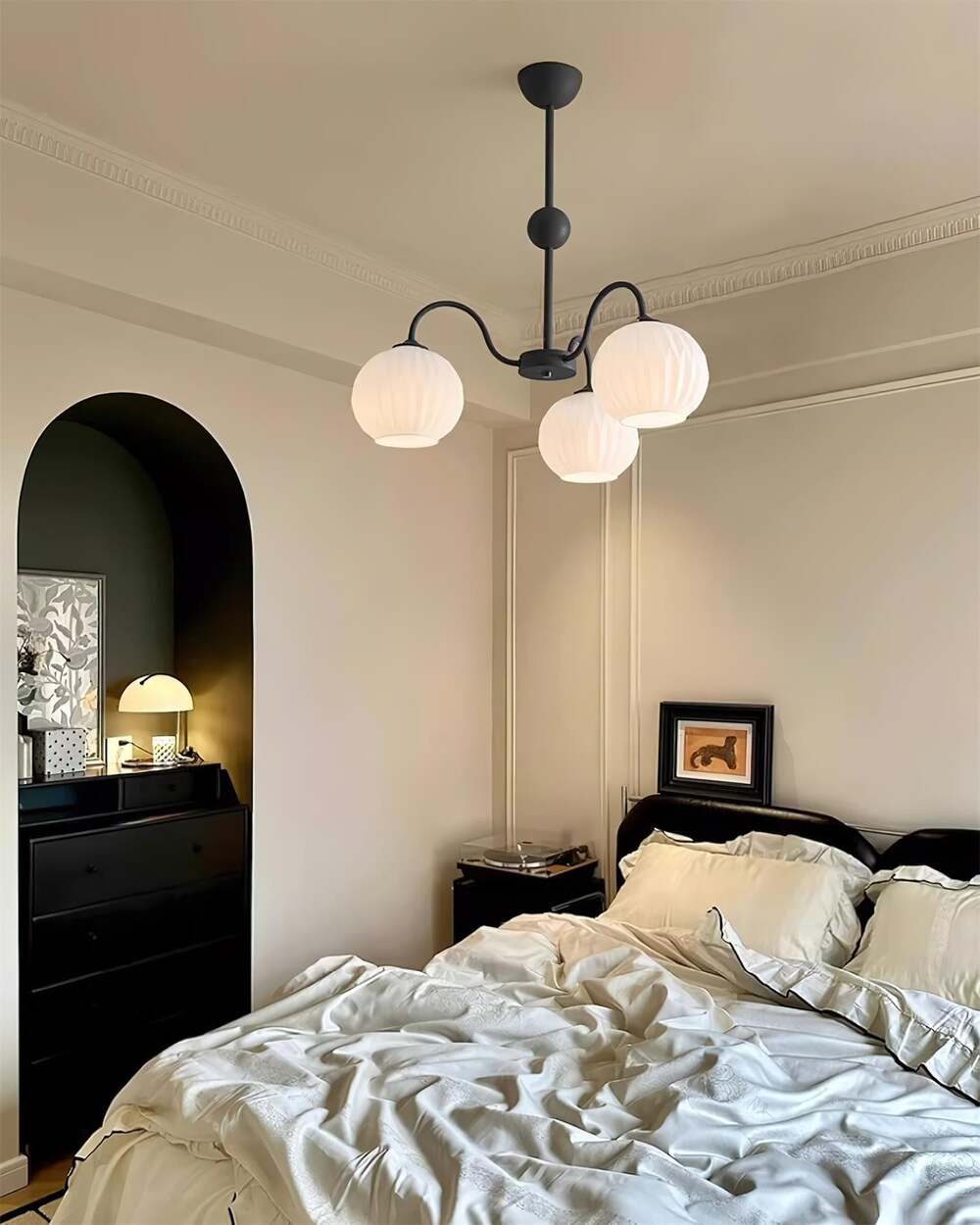 Mid-Century Modern Chandelier & Ribbed Glass Shades