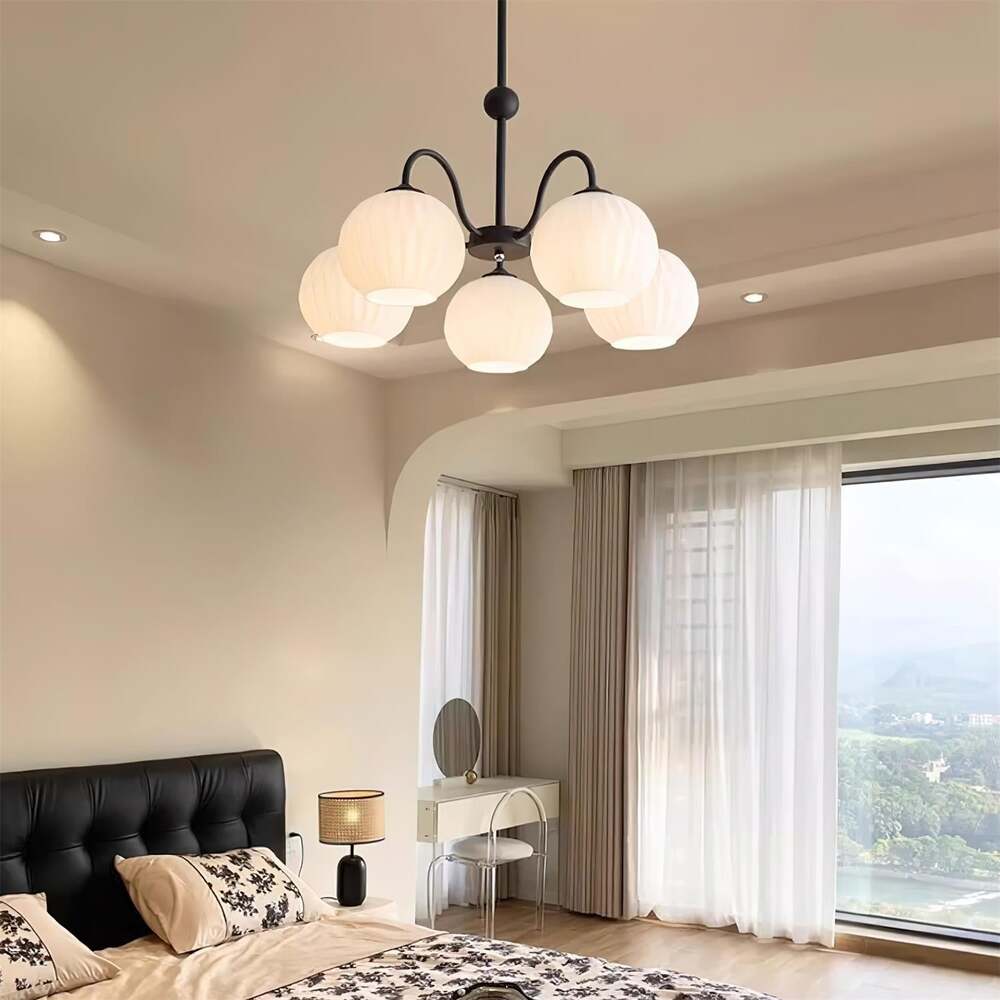 Mid-Century Modern Chandelier & Ribbed Glass Shades