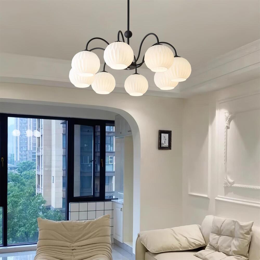 Mid-Century Modern Chandelier & Ribbed Glass Shades