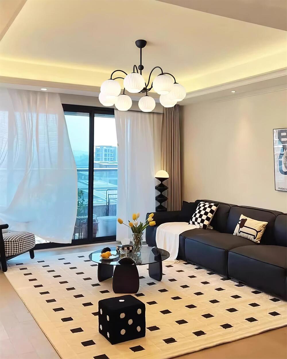 Mid-Century Modern Chandelier & Ribbed Glass Shades