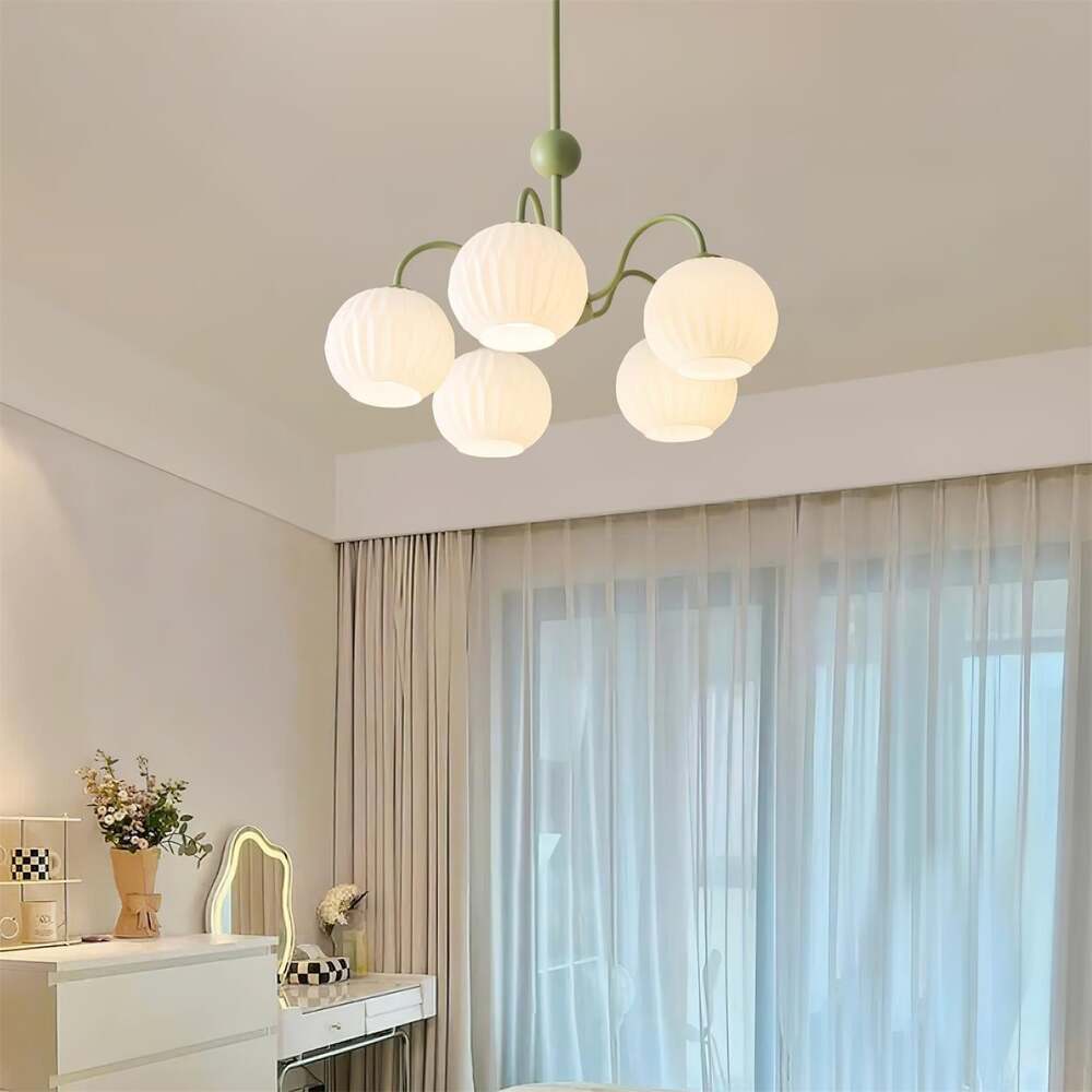 Mid-Century Modern Chandelier & Ribbed Glass Shades