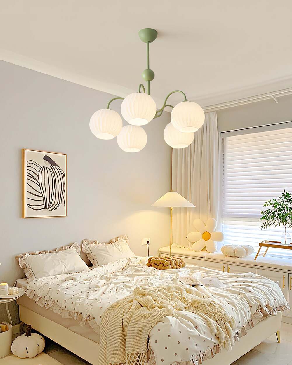 Mid-Century Modern Chandelier & Ribbed Glass Shades
