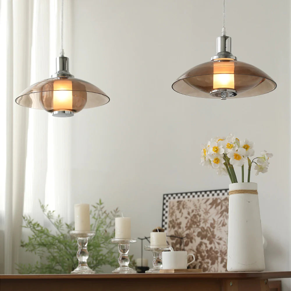 Mid-Century Modern Pendant Light & Brown Glass