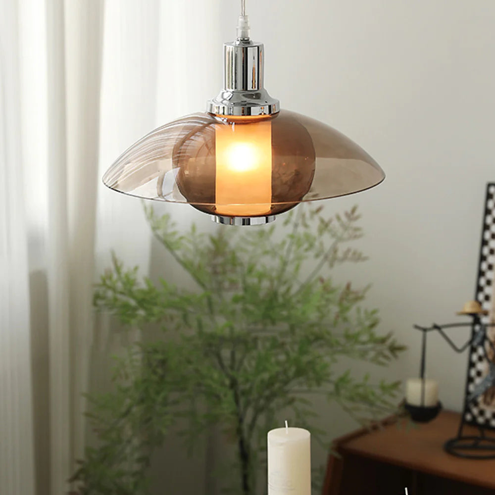 Mid-Century Modern Pendant Light & Brown Glass