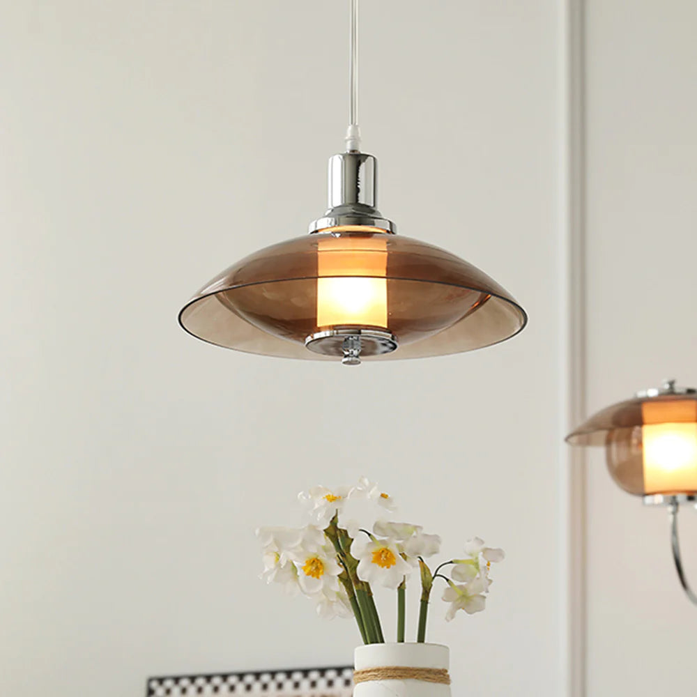 Mid-Century Modern Pendant Light & Brown Glass