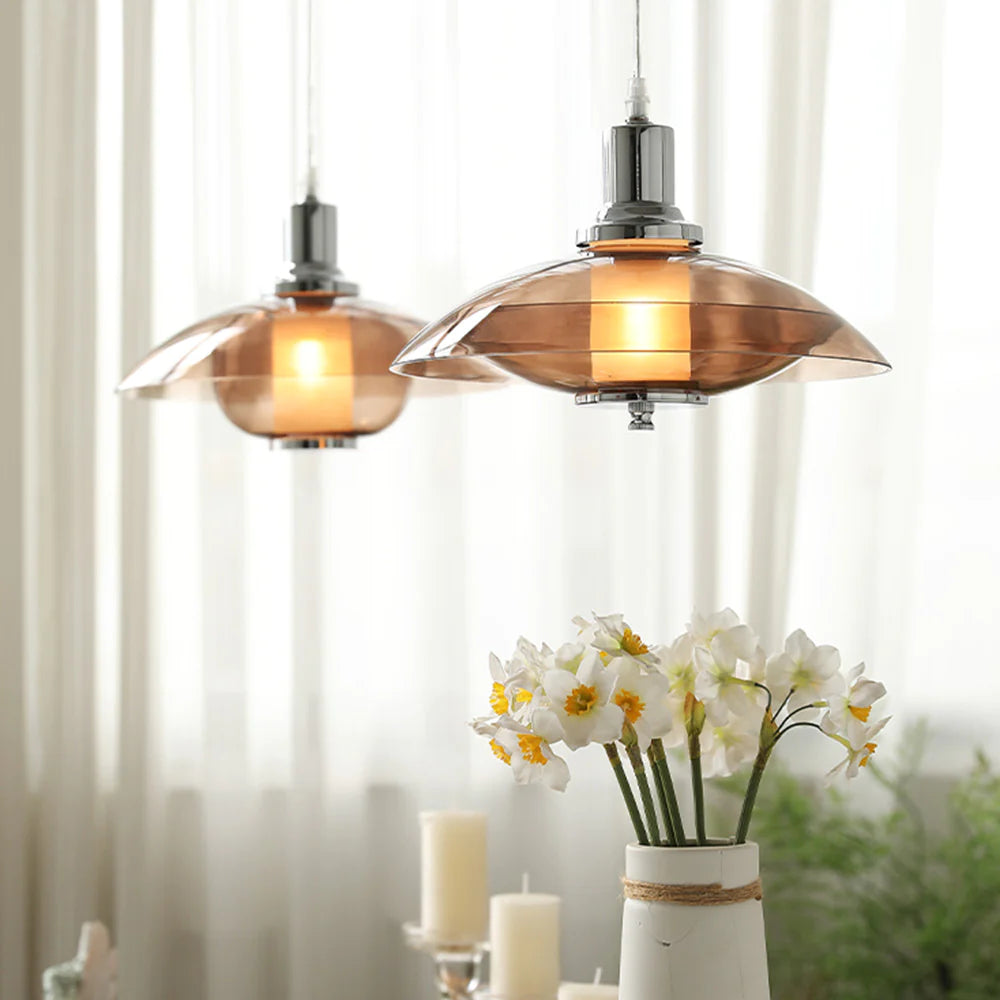 Mid-Century Modern Pendant Light & Brown Glass