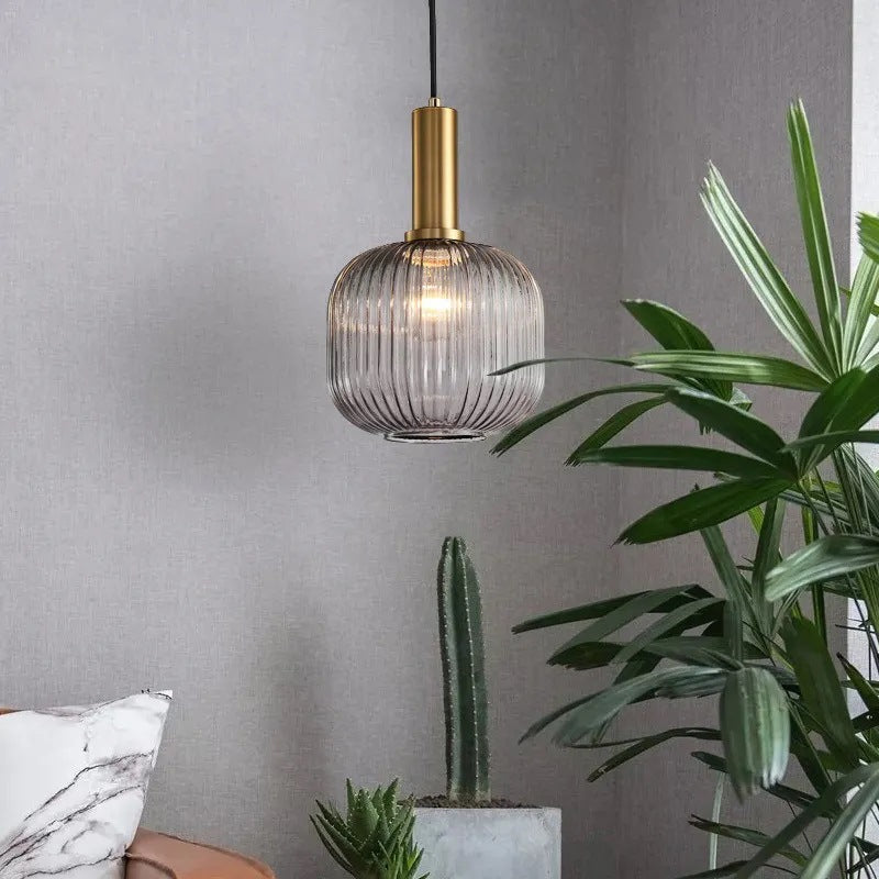 Mid-Century Pendant Light & Ribbed Glass Shade