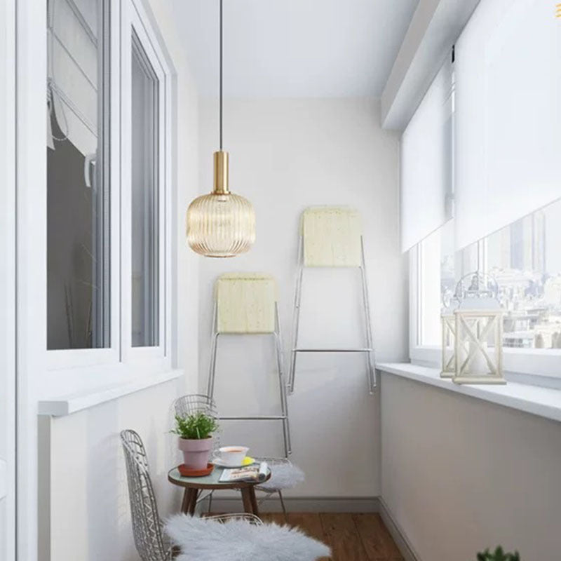 Mid-Century Pendant Light & Ribbed Glass Shade