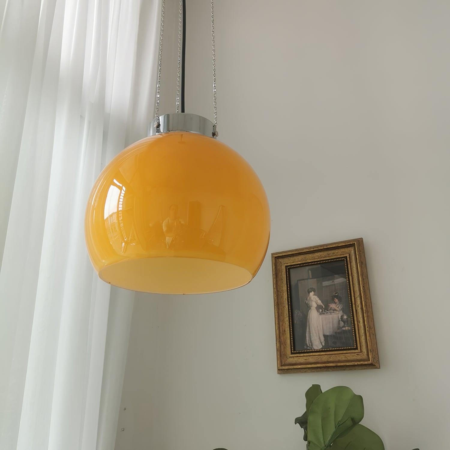 Mid-Century Pendant Light & Yellow Glass Shade