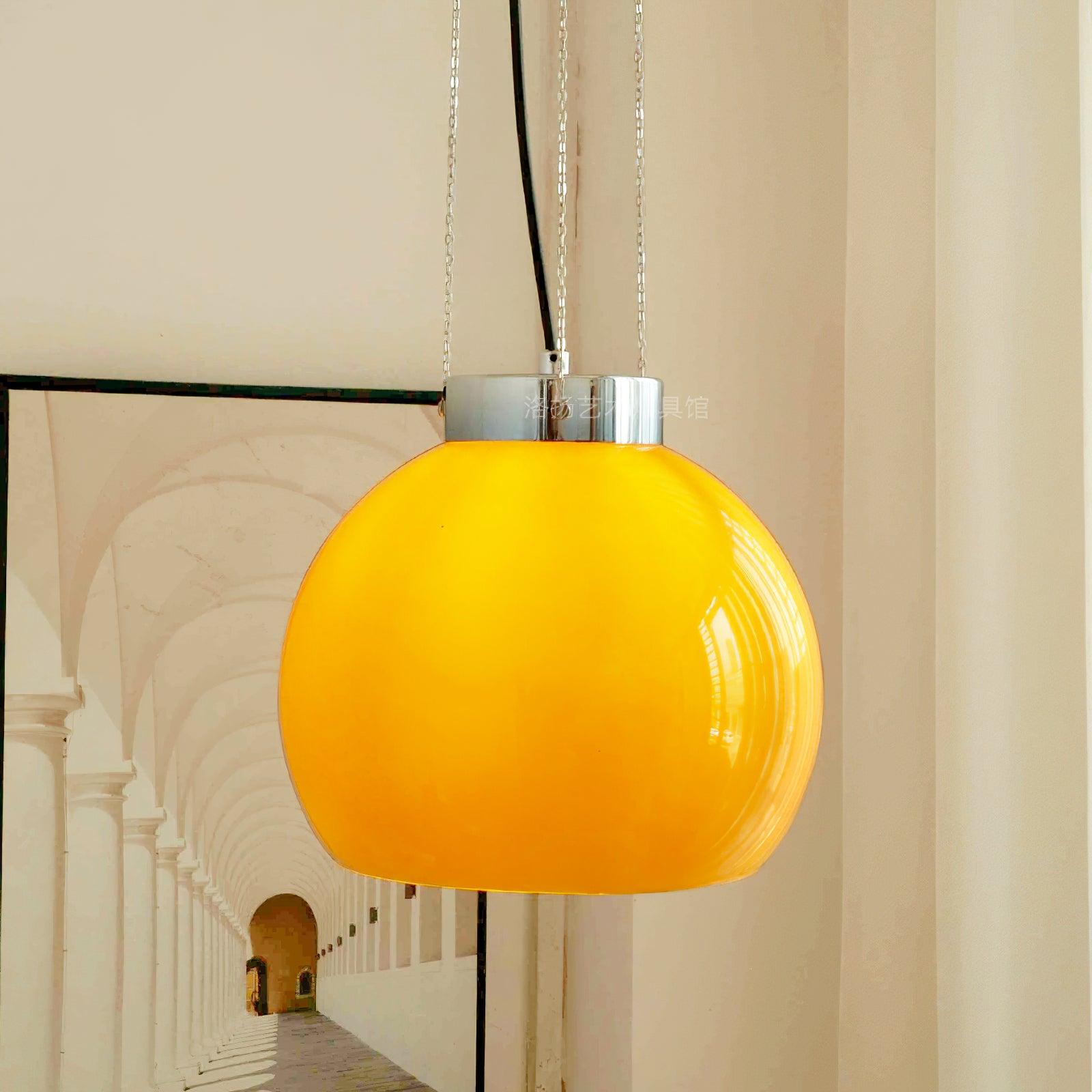 Mid-Century Pendant Light & Yellow Glass Shade