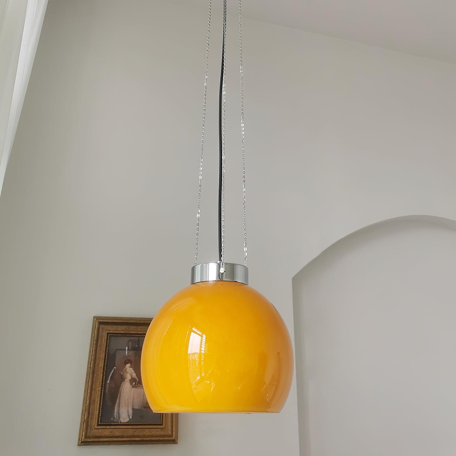 Mid-Century Pendant Light & Yellow Glass Shade