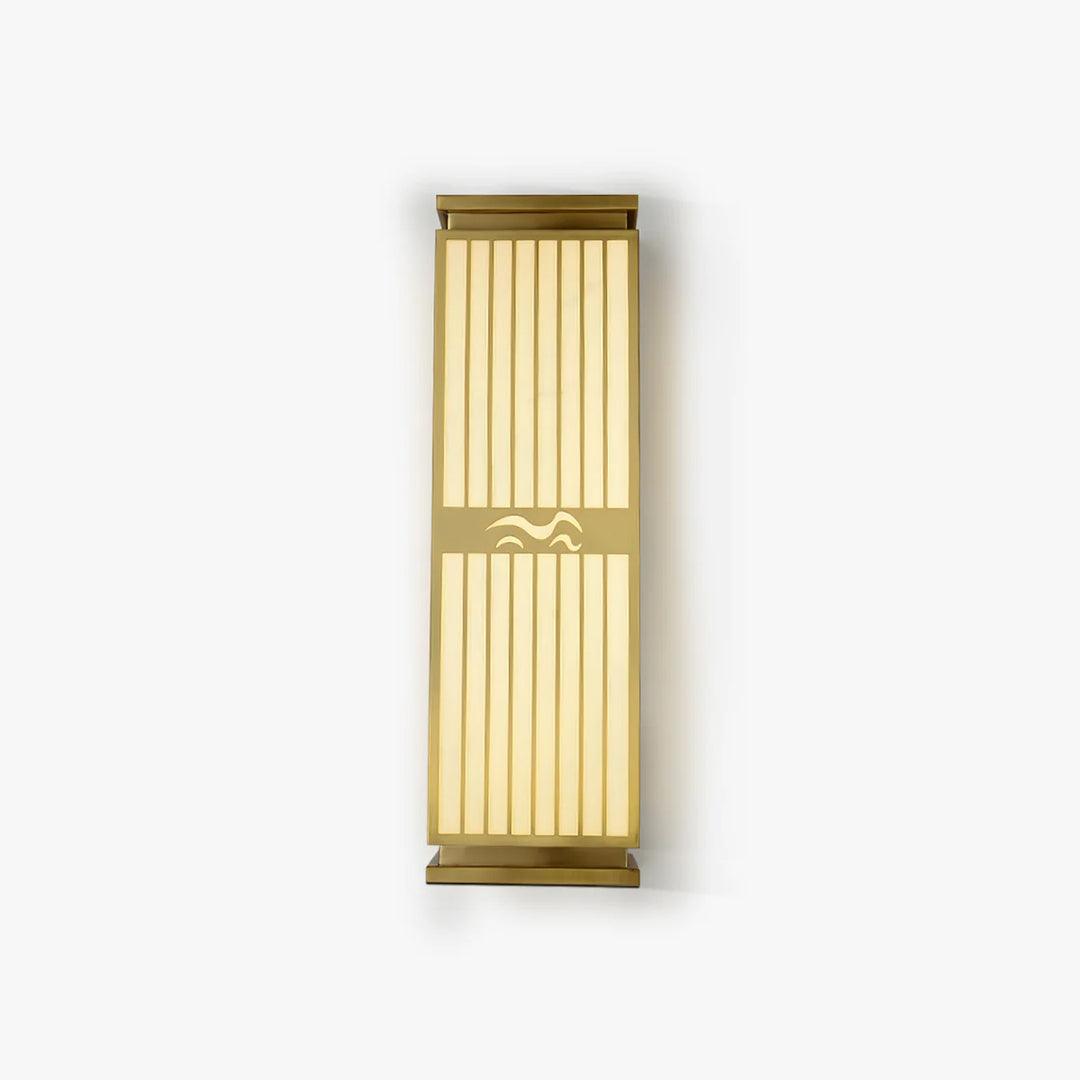Modern gold outdoor wall lamp with a sleek rectangular design, waterproof metal frame, and LED lighting. Ideal for gardens, patios, and porches.