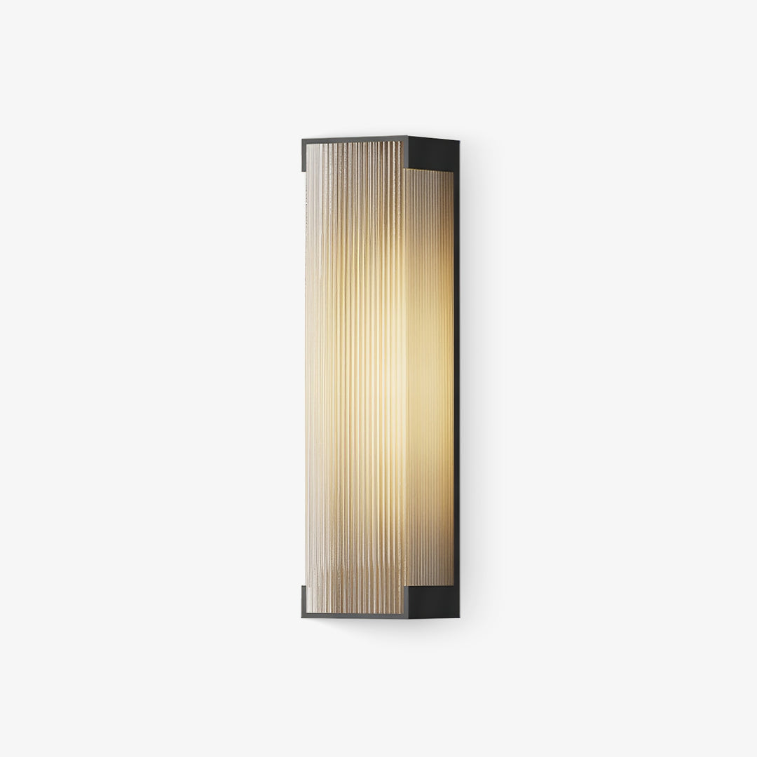 Modern rectangular LED outdoor wall light with a sleek black finish and ribbed panel design. Waterproof and energy-efficient, perfect for patios, gardens, and porches.