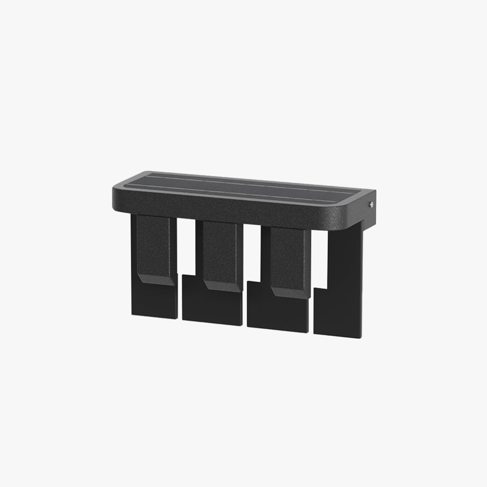 Modern solar metal outdoor wall lamp with minimalist rectangular design. Waterproof and ideal for gardens, patios, and staircases. Black matte finish with warm light for outdoor spaces.