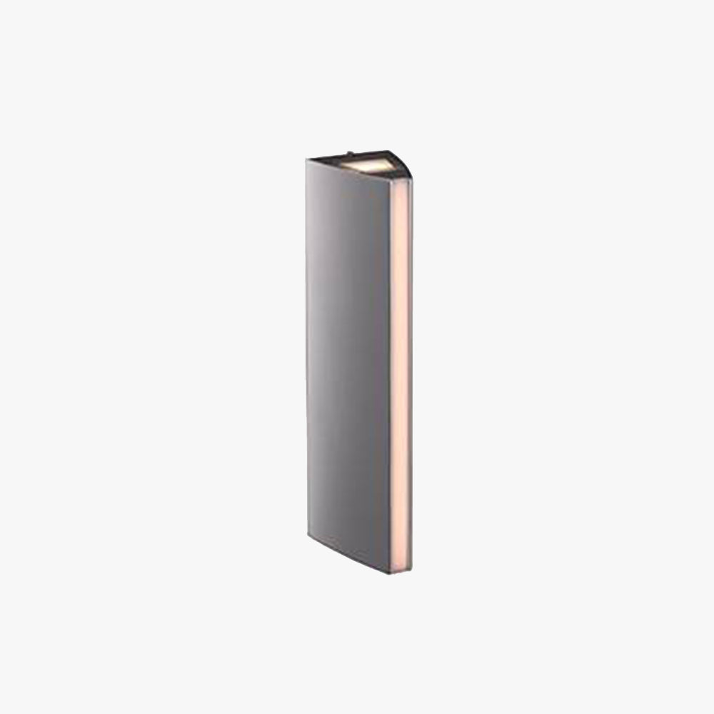 Modern triangular prism metal outdoor wall lamp in black and silver finishes. Waterproof, energy-efficient LED light ideal for courtyards, patios, and balconies. Minimalist and contemporary design.