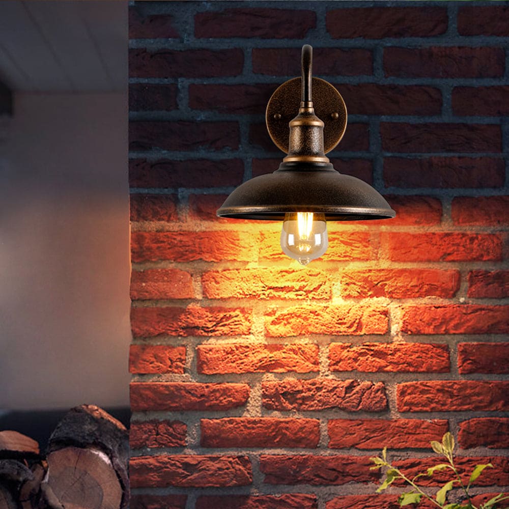 Rustic Bowl-Shaped Outdoor Wall Lamp – Antique Brass, Waterproof Design