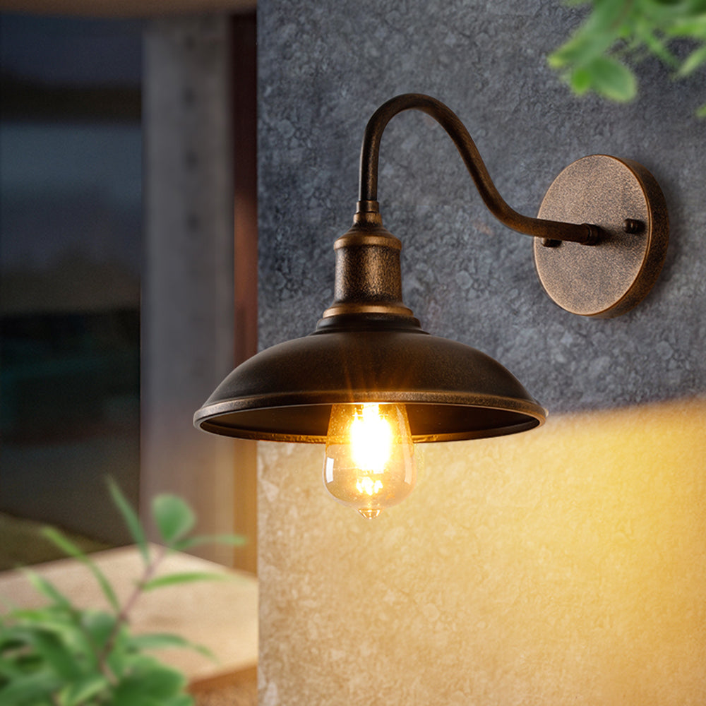 Rustic Bowl-Shaped Outdoor Wall Lamp – Antique Brass, Waterproof Design