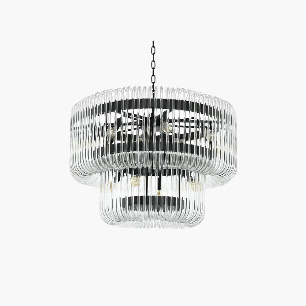 Luxurious living room featuring an elegant crystal chandelier, providing classic lighting with intricate details and a bright ambiance