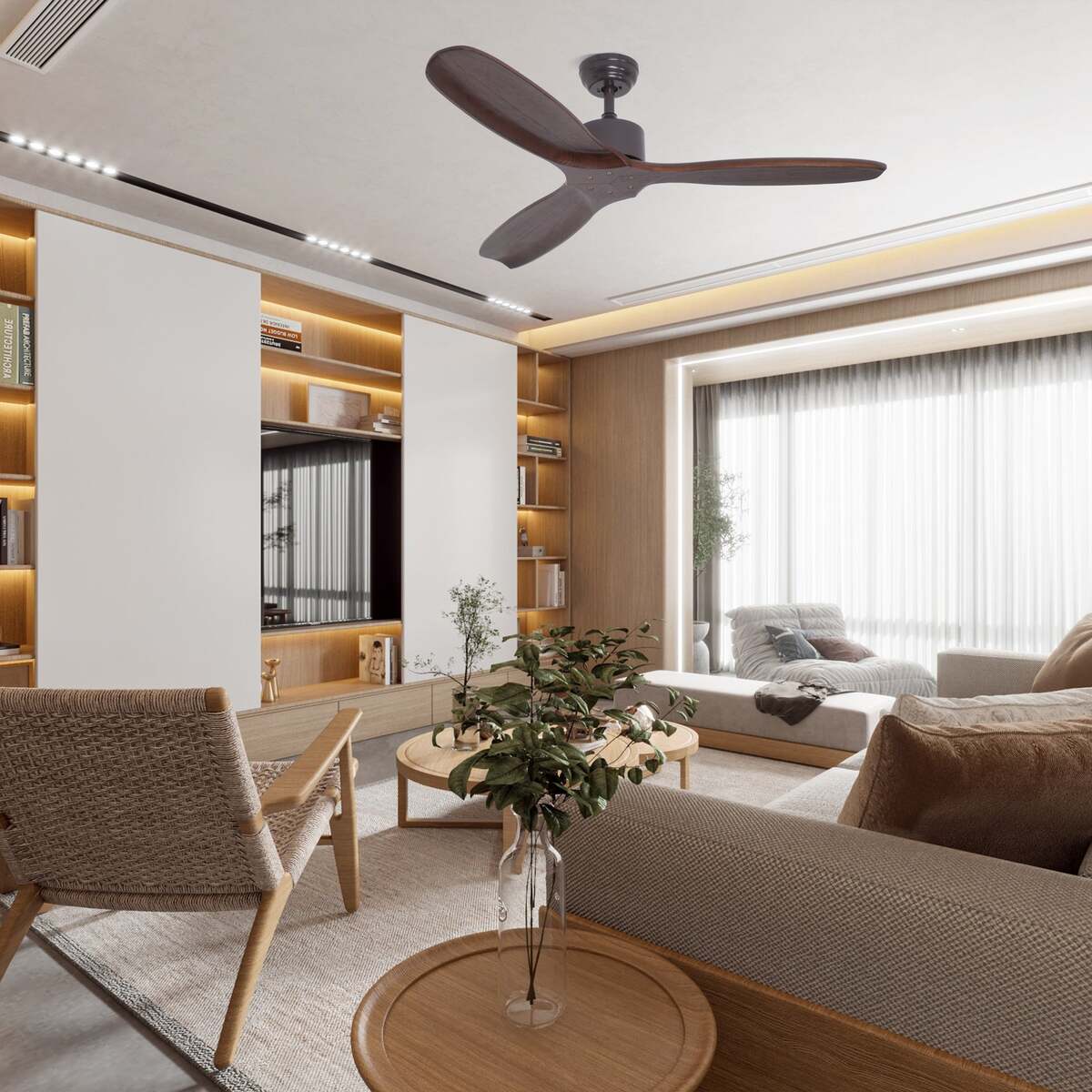 Contemporary Wooden Ceiling Fan, 3-Blade Design