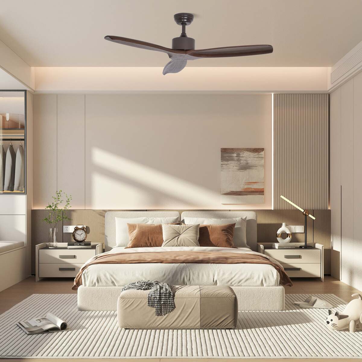 Contemporary Wooden Ceiling Fan, 3-Blade Design