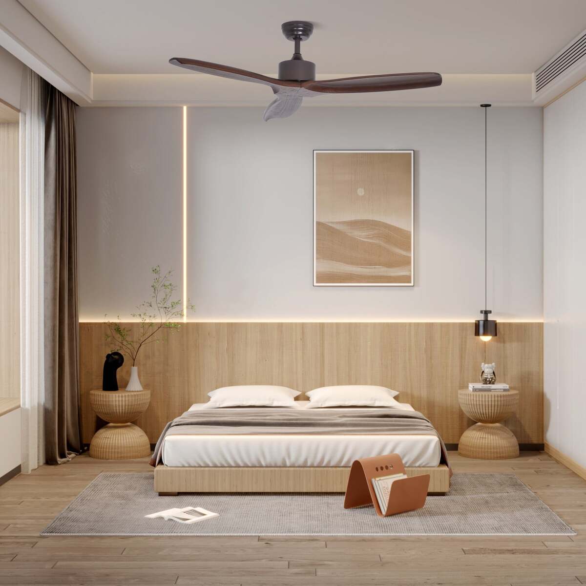 Contemporary Wooden Ceiling Fan, 3-Blade Design