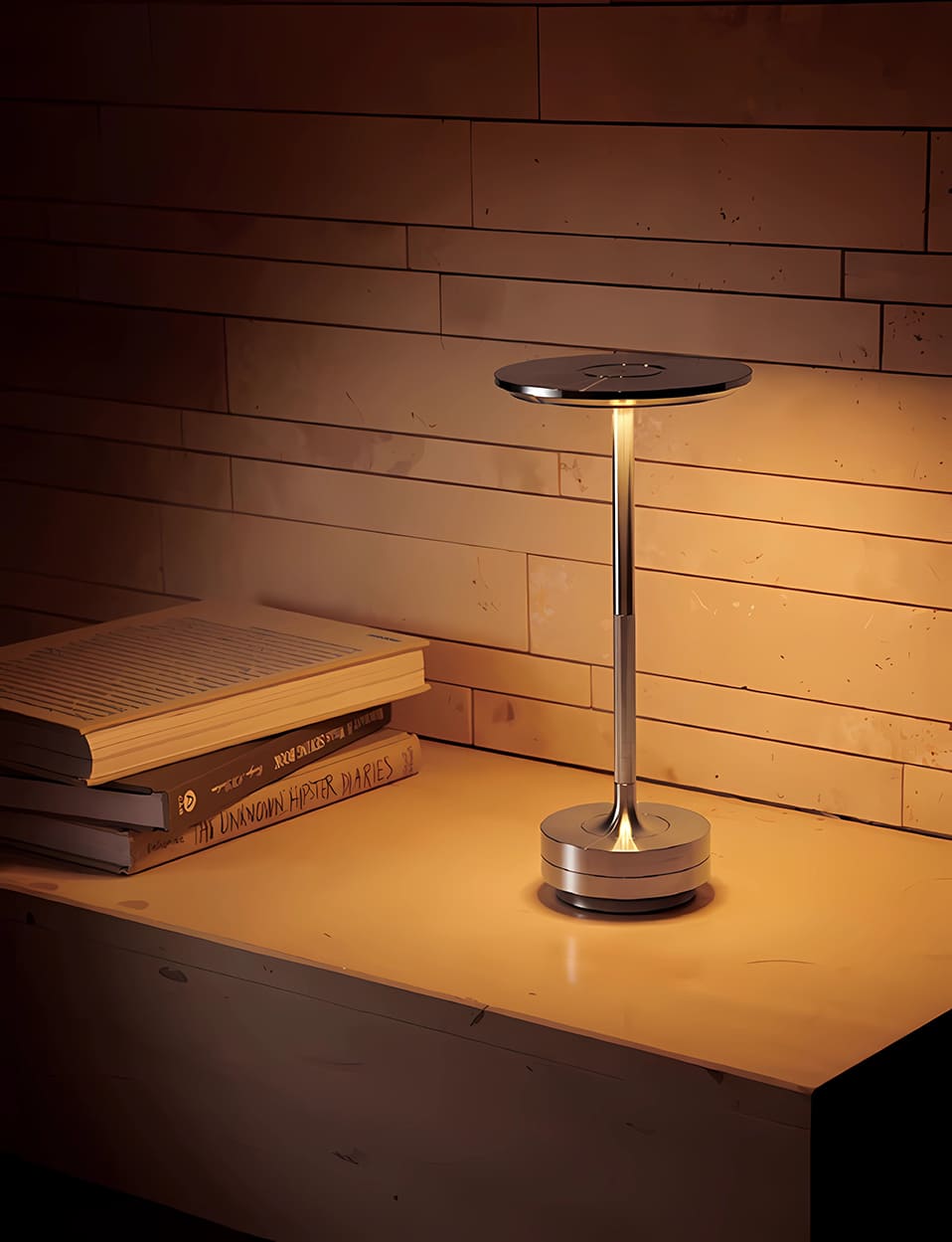 Compact cordless table lamp on a wooden desk, featuring warm LED light and modern metallic design.