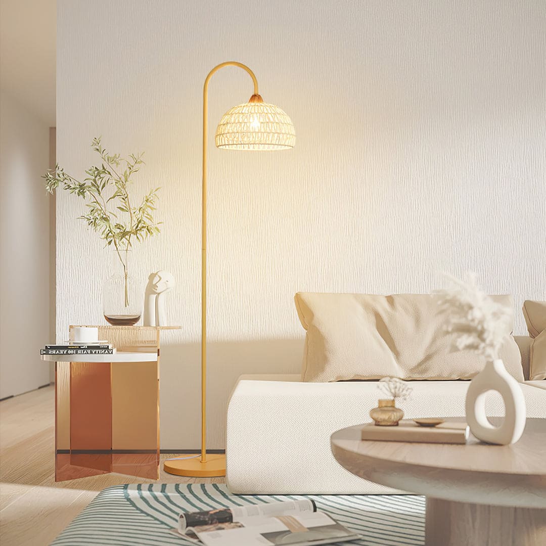 Eco-Friendly Rattan Arch Floor Lamp – Modern Beige Design