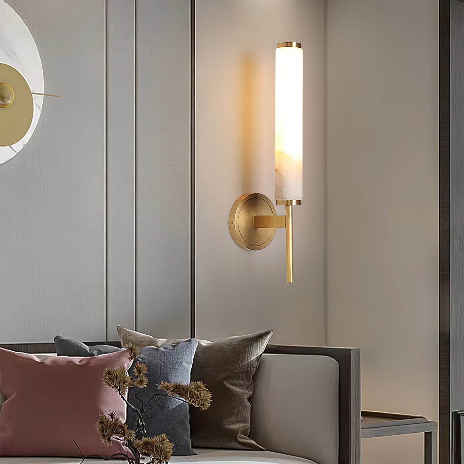 Modern Brass Wall Sconce – Tall Opaque Glass Shade