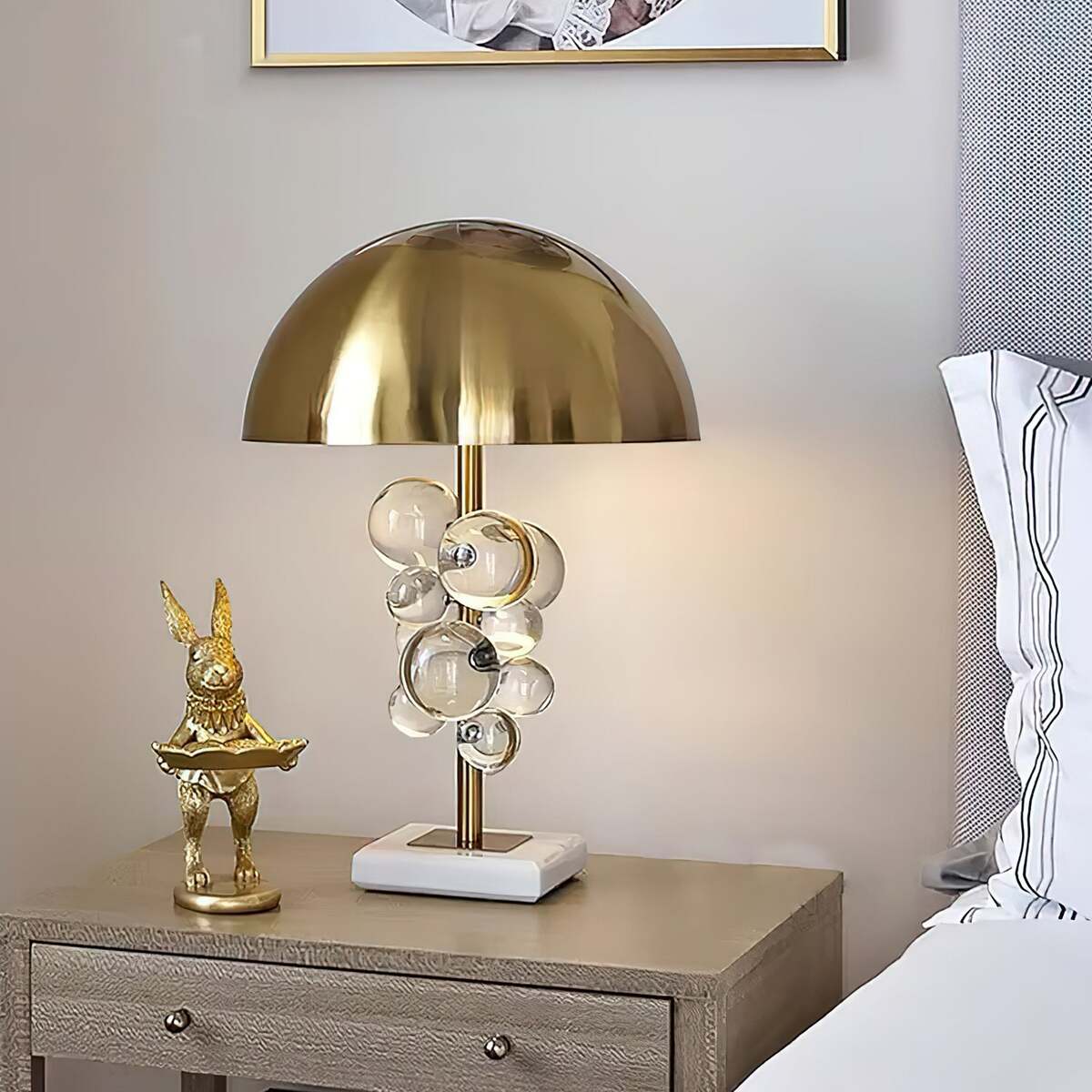 Modern Crystal Table Lamp – Brass Dome & Glass Orbs