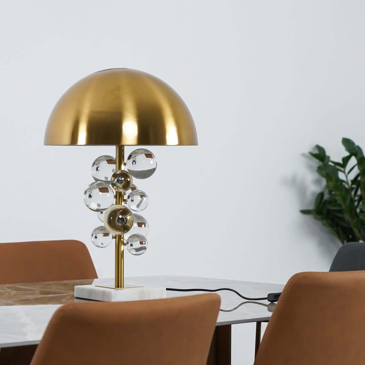 Modern Crystal Table Lamp – Brass Dome & Glass Orbs