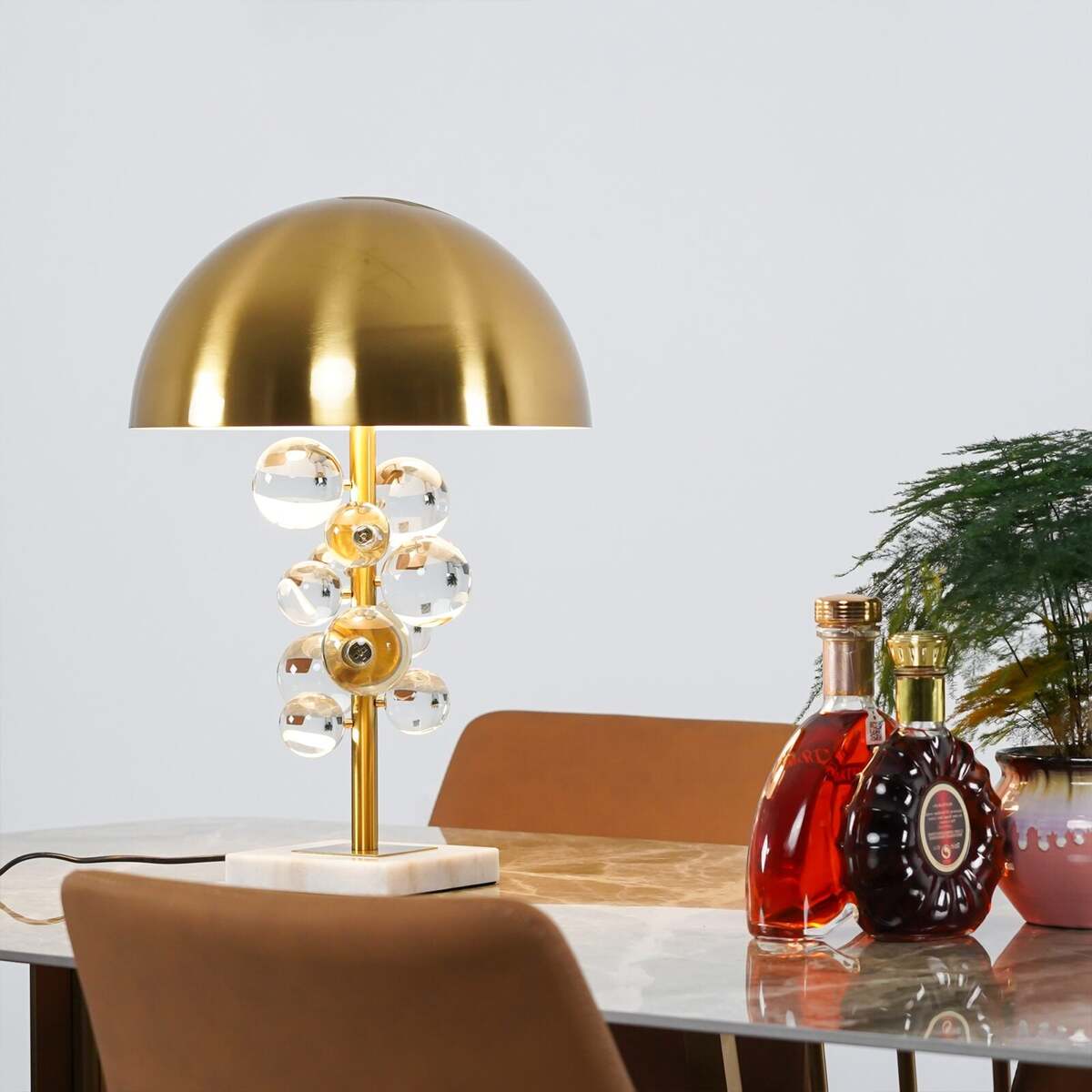 Modern Crystal Table Lamp – Brass Dome & Glass Orbs