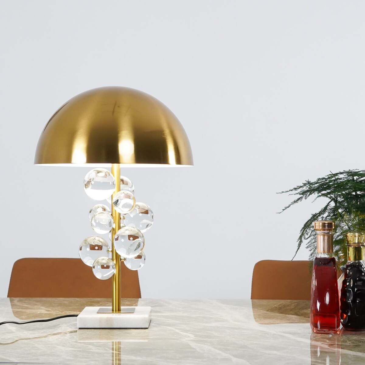 Modern Crystal Table Lamp – Brass Dome & Glass Orbs