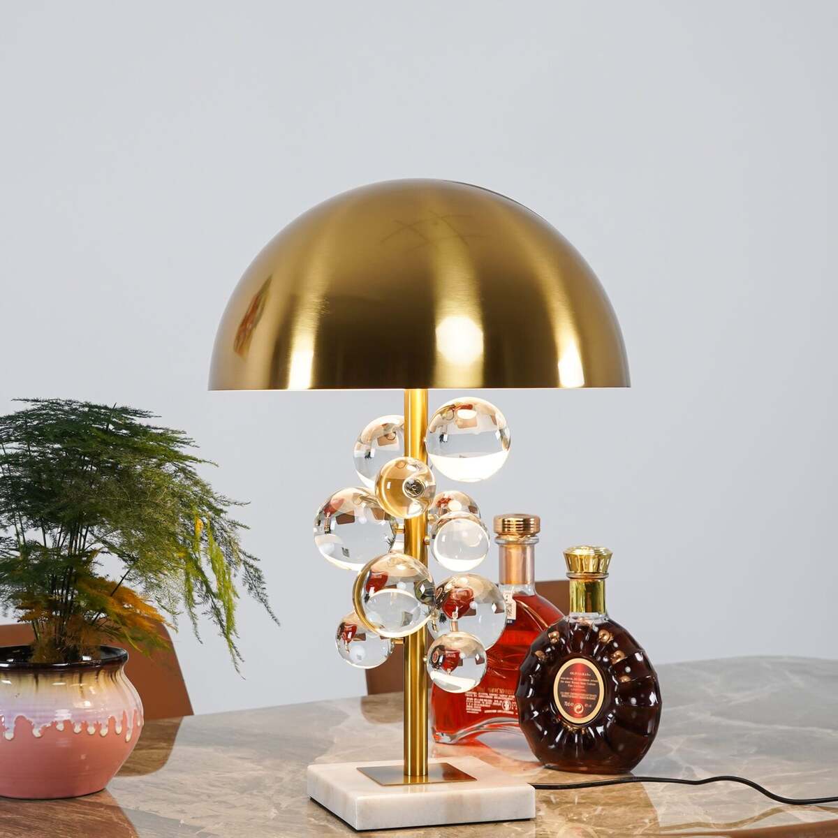 Modern Crystal Table Lamp – Brass Dome & Glass Orbs