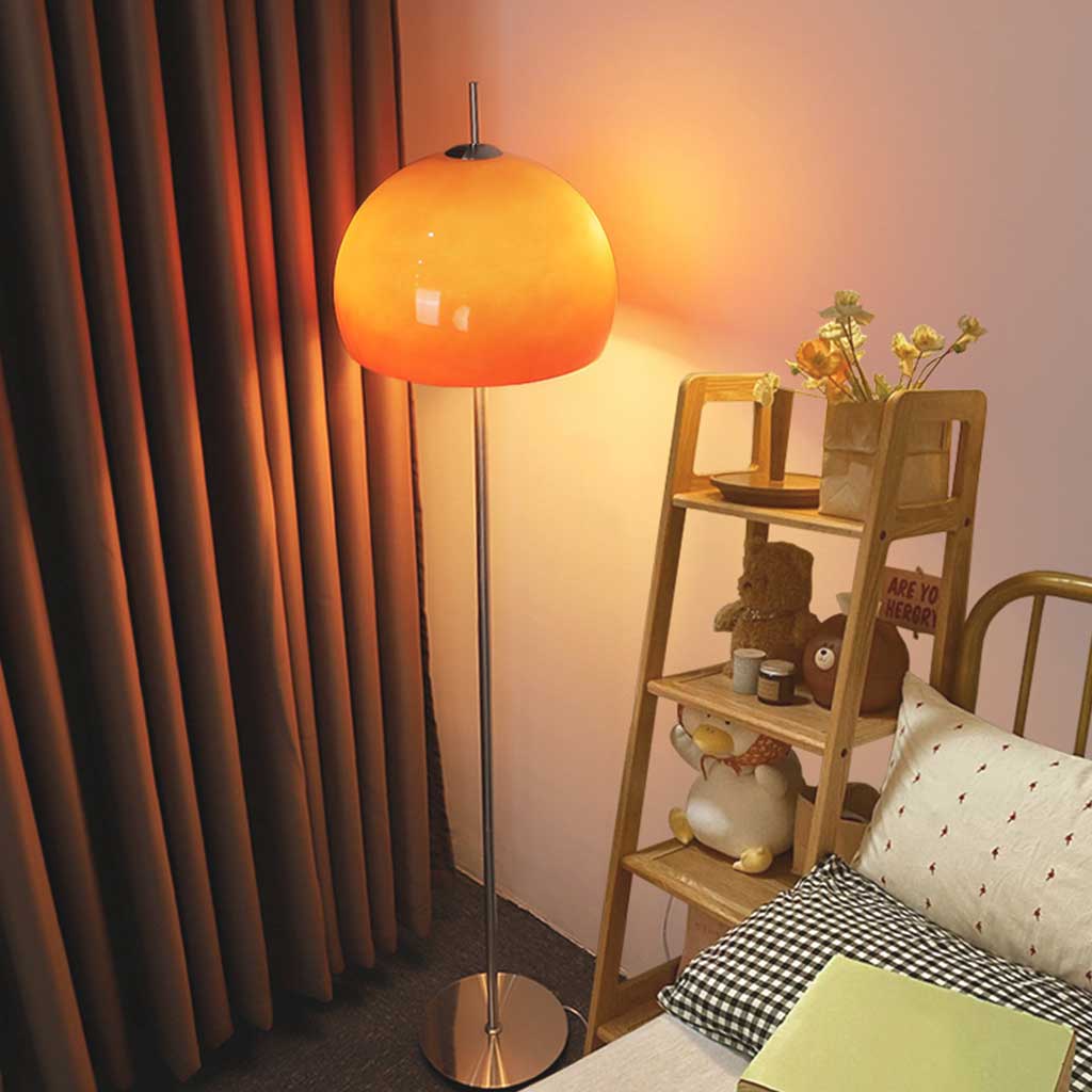 Retro Sunset Floor Lamp – Warm Orange Dome & Chrome Base