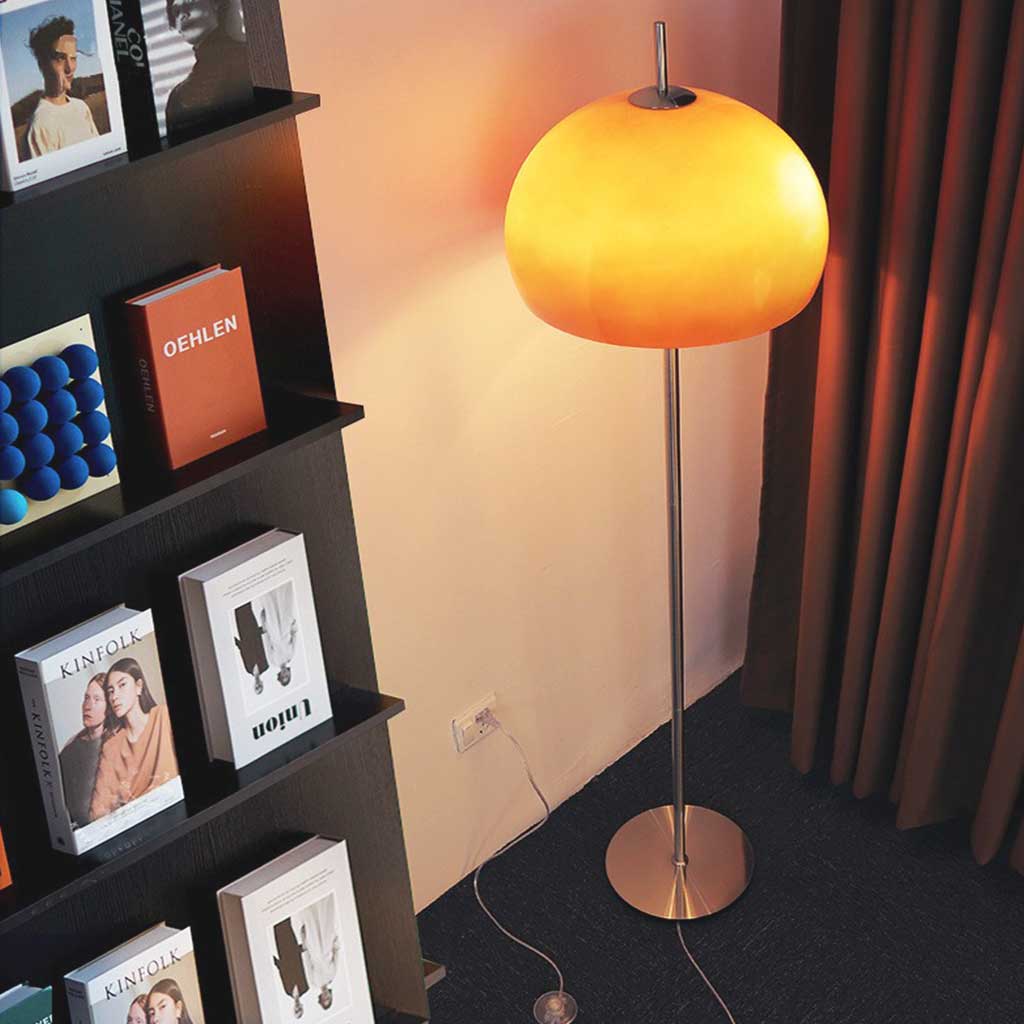 Retro Sunset Floor Lamp – Warm Orange Dome & Chrome Base