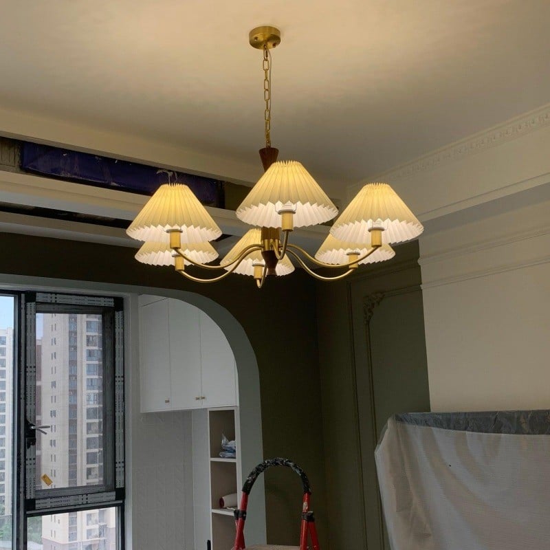 Classic Chandelier in Brass & Walnut Finish