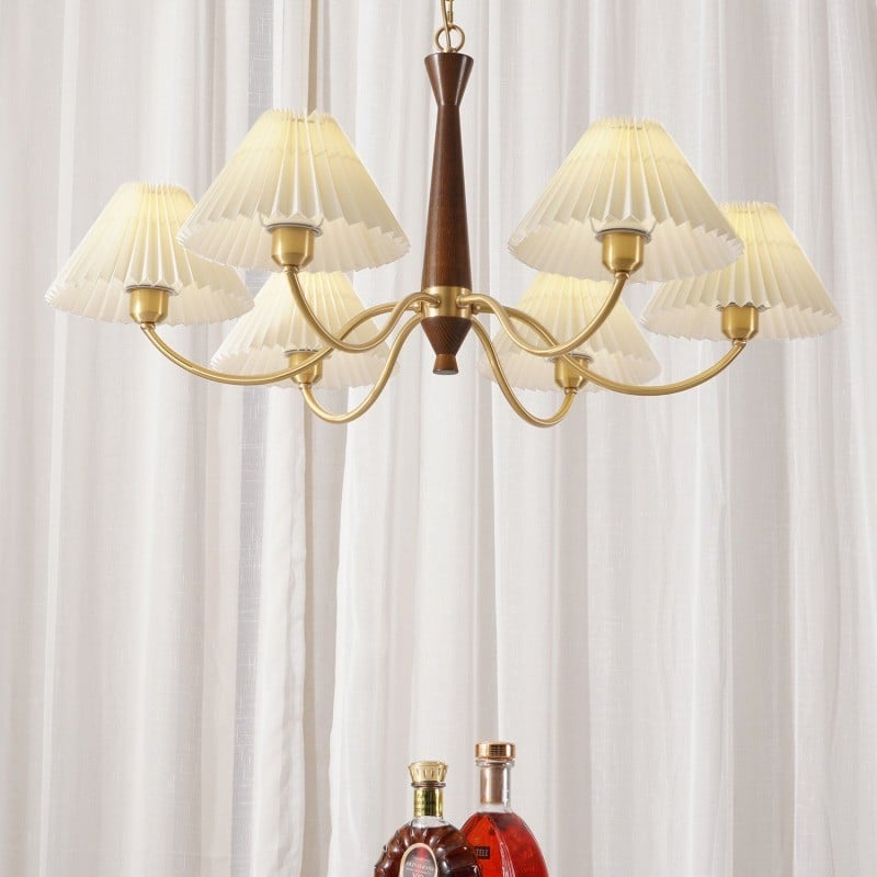 Classic Chandelier in Brass & Walnut Finish
