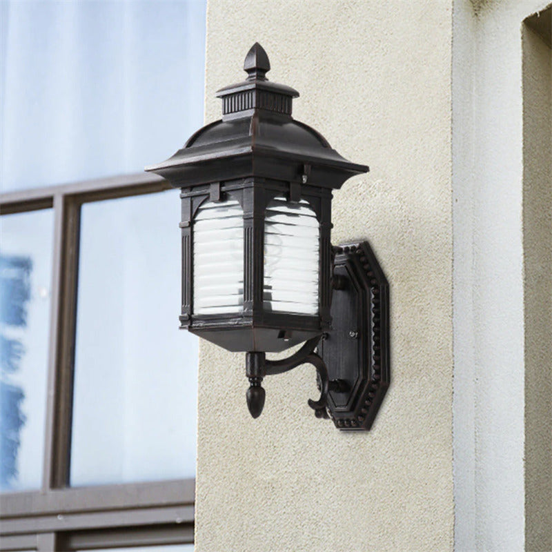 Coffee-Colored Vintage Lantern Outdoor Wall Lamp with Glass Panels