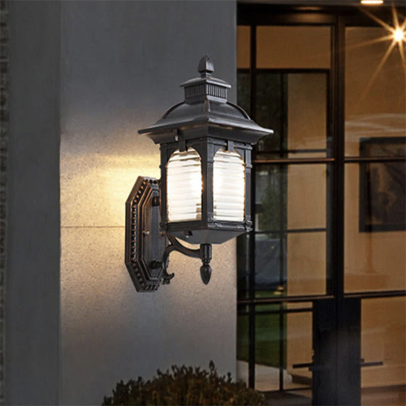Coffee-Colored Vintage Lantern Outdoor Wall Lamp with Glass Panels