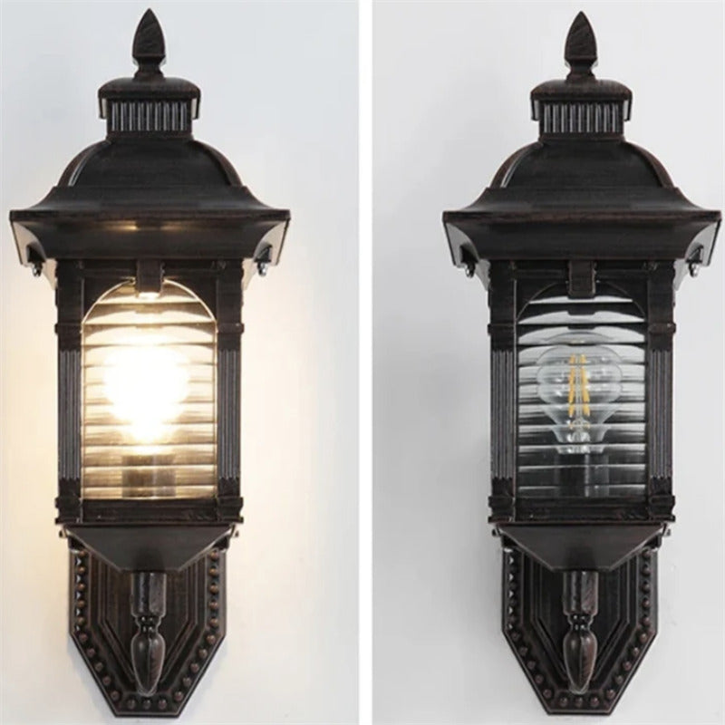 Coffee-Colored Vintage Lantern Outdoor Wall Lamp with Glass Panels